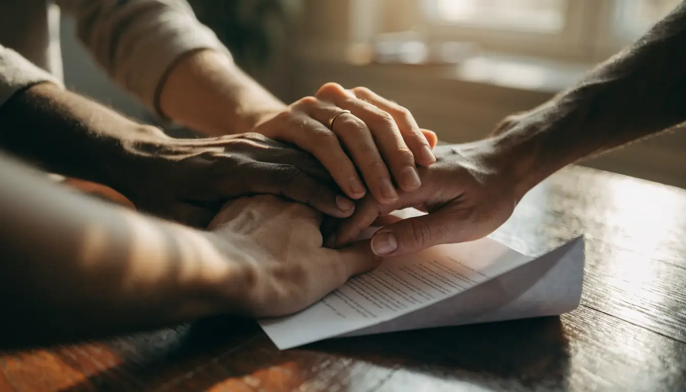Manos de una familia unidas sobre documentos — sus derechos tras un choque sin importar el estatus