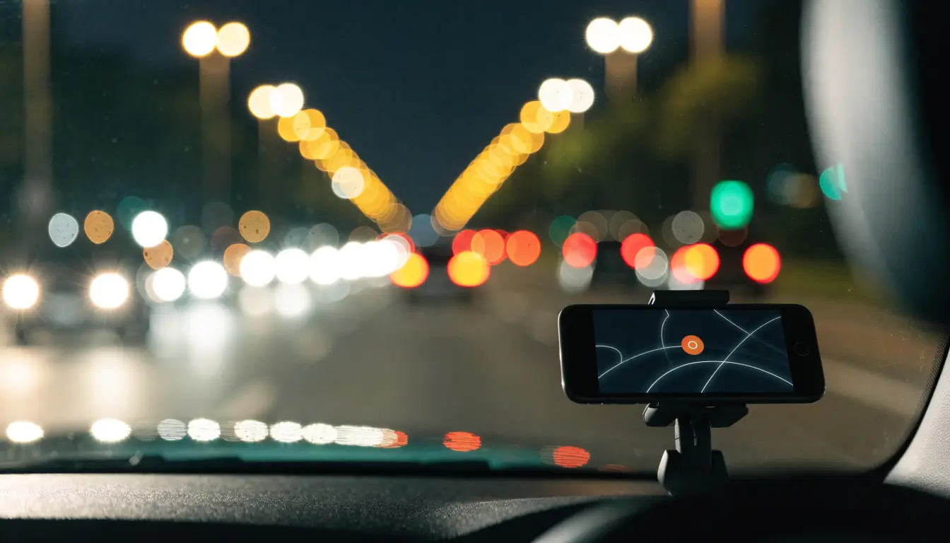 Un teléfono con ruta de viaje montado en el tablero de noche — quién paga en un accidente de Uber en Lynwood