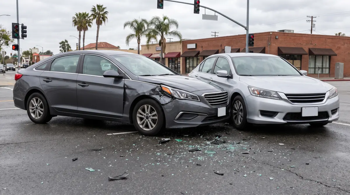 Dos autos modernos chocados de esquina en una intersección de Lynwood con palmeras