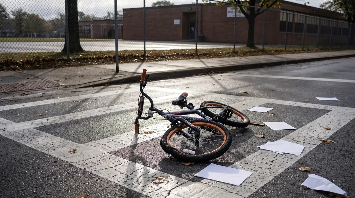 Una bicicleta infantil doblada en un cruce escolar de Lynwood