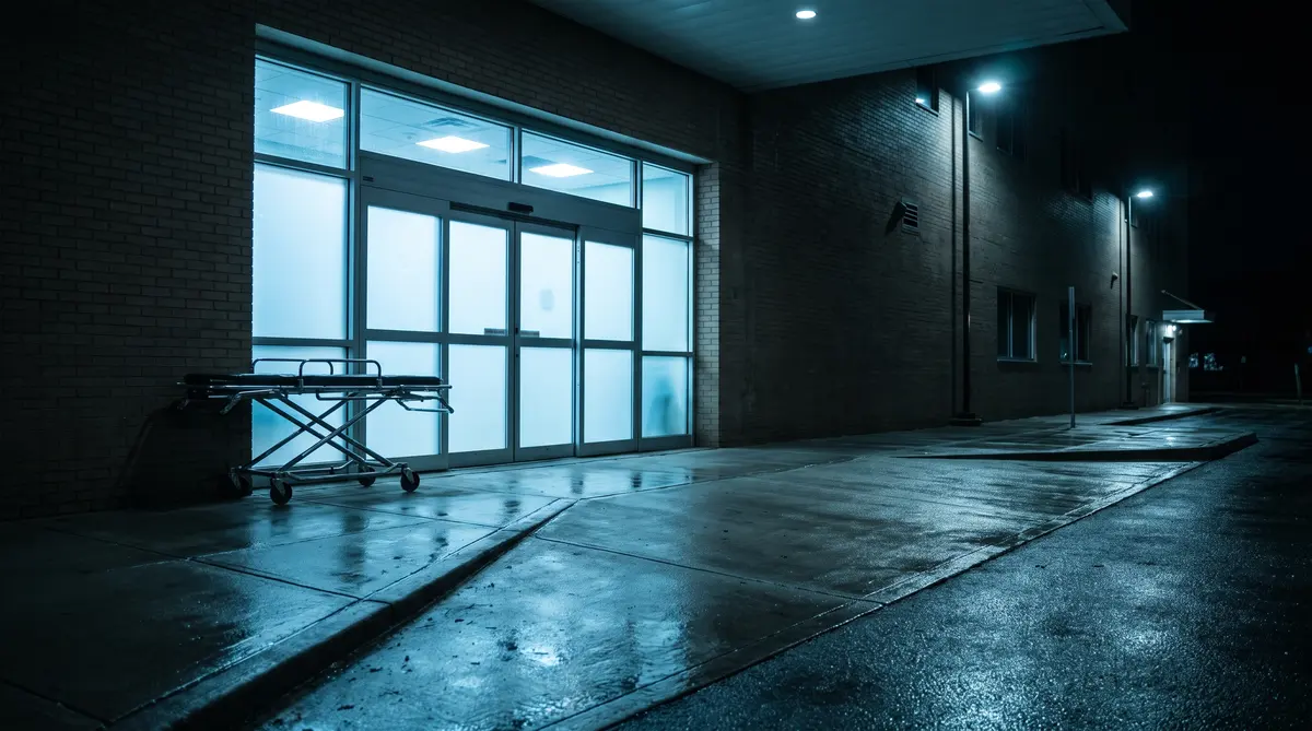 La entrada de emergencias de un hospital con una camilla de noche